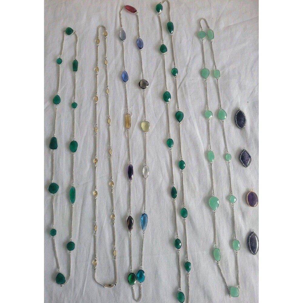 Lot 5 Bezel Set Stone Station Necklaces 4 Pendants Silver Tone Chain Multicolor